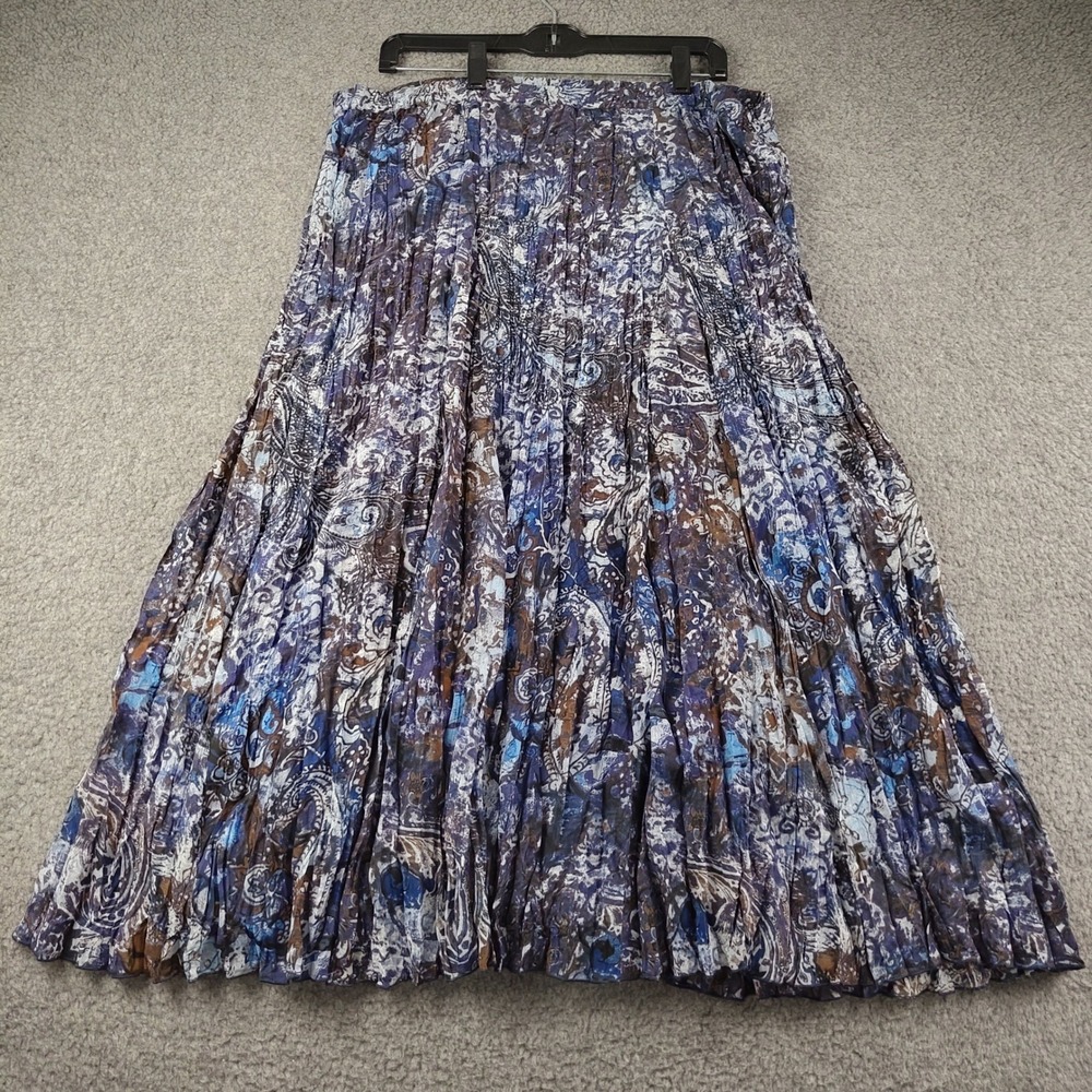Chicos Maxi Skirt Sz 12 Large Paisley Pleated Blue Stretch Waist Prairie EUC
